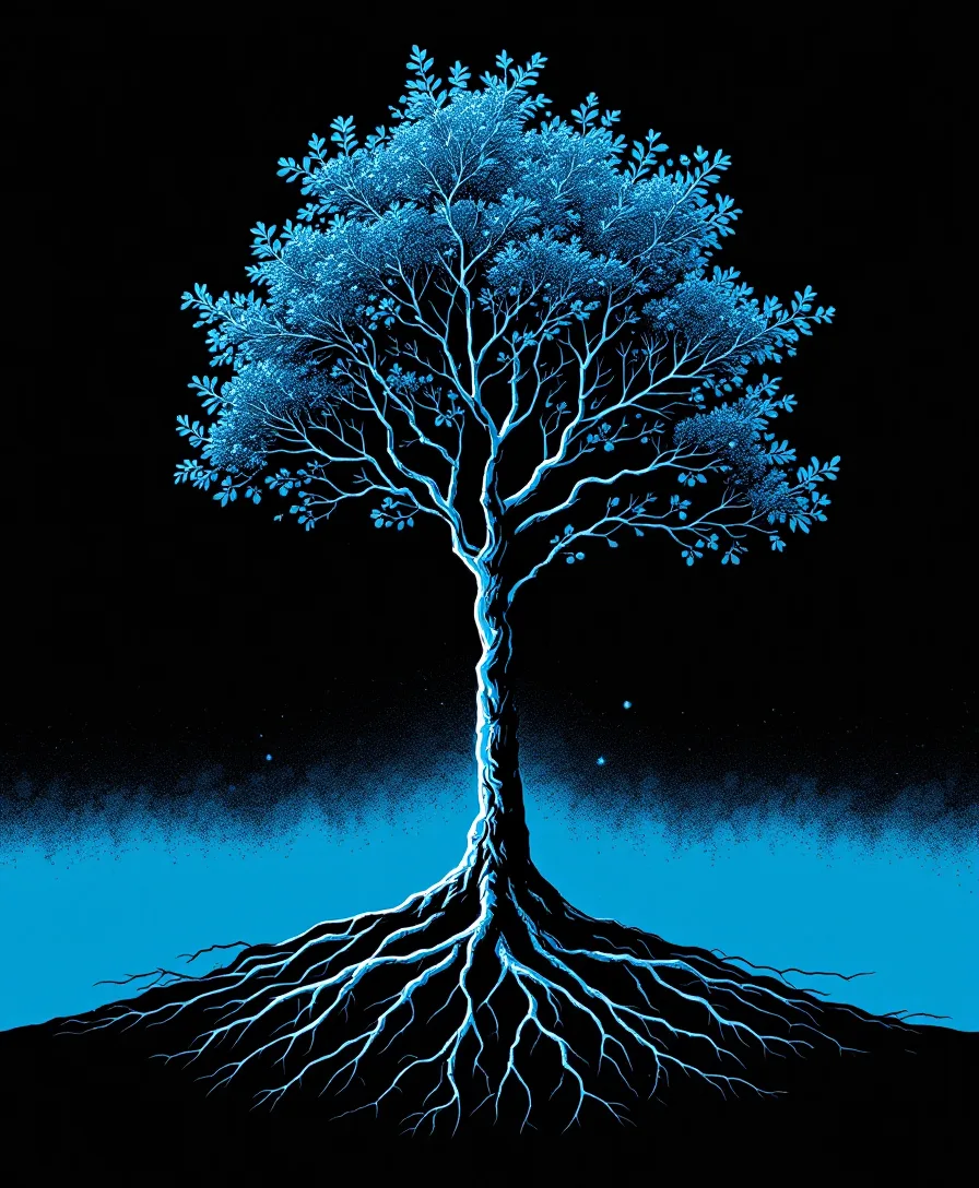 Illustration of a rowan tree whose deep roots and rising branches echo an organic-traffic curve