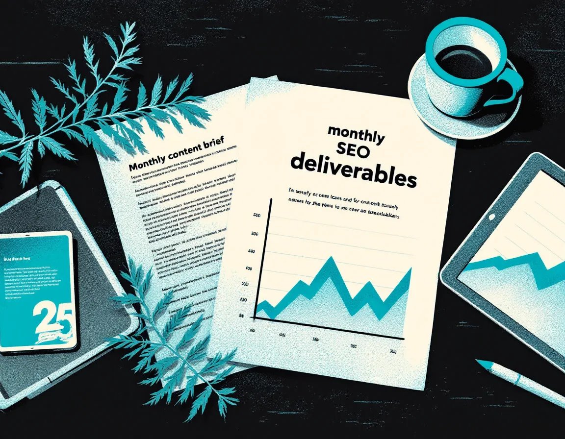 Illustration of a monthly SEO deliverables packet with a rowan branch paperweight and a rising traffic graph
